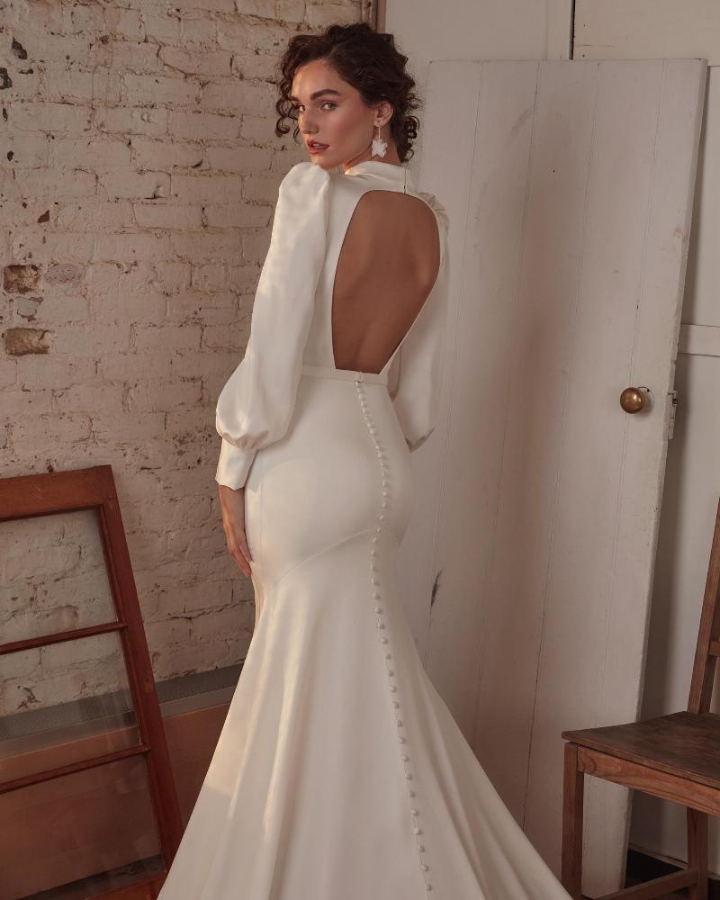 Lp2137 vintage high neck wedding dress with sleeves and satin sheath silhouette4